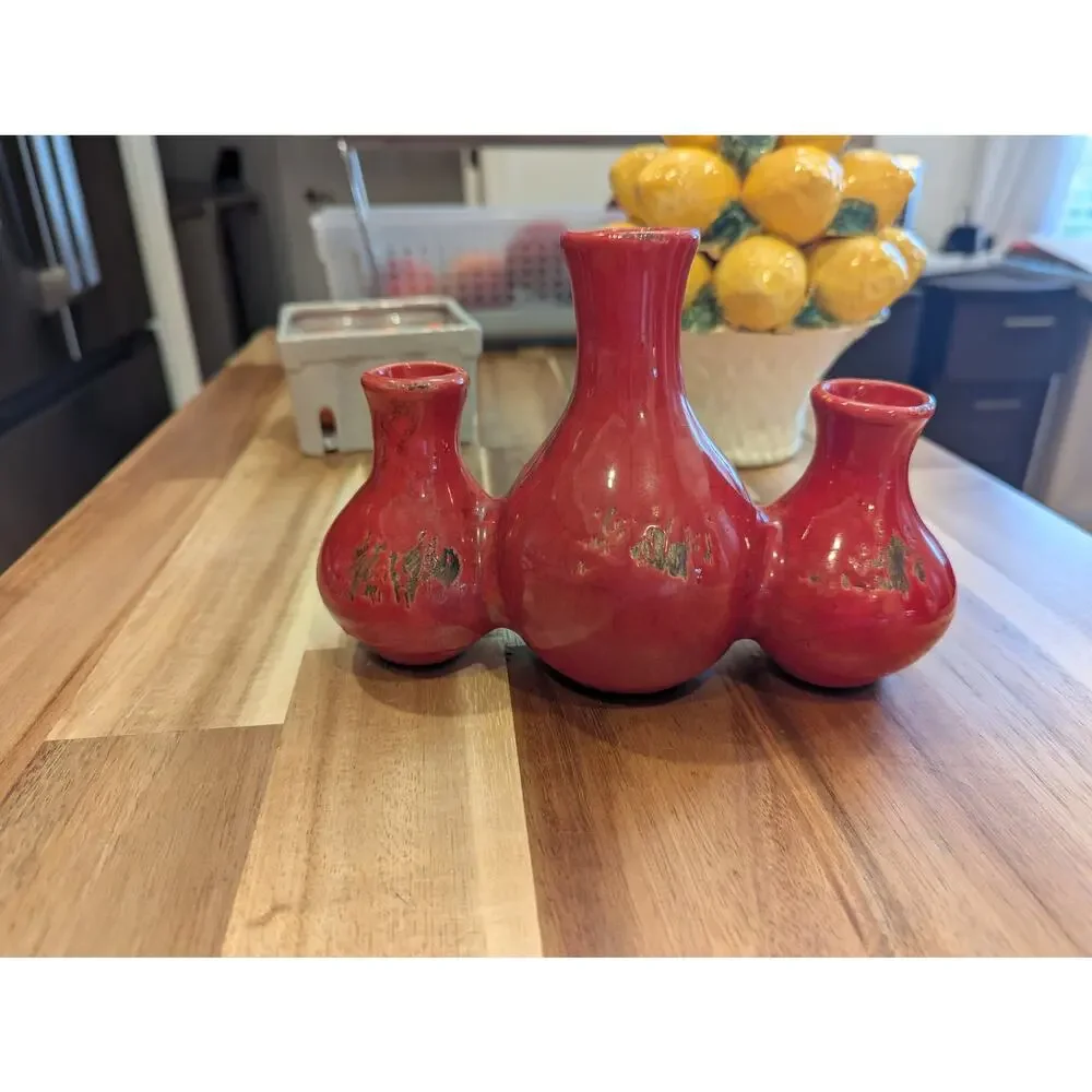 Rustic Red Ceramic Triple Bud Vase Modern Glazed Multi Stem Flower Vase Decor